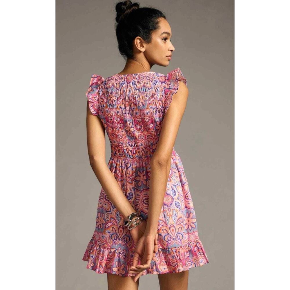 Anthropologie Pink Boho Floral Mini Dress Ruffle Sleeve Babydoll Resort Summer L - Picture 2 of 10